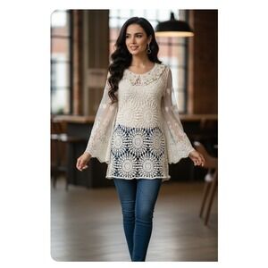 Origami Crochet Lace vintage y2k Bell Sleeve‎ Tunic Top Ivory Beaded Collar